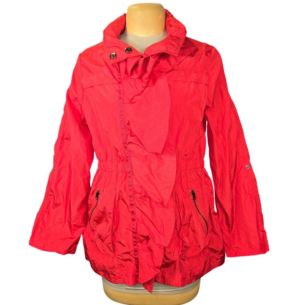 Luii Red Ruffle Front Hooded Lightweight Jacket Size L Zip Anaorak Windbreaker‎